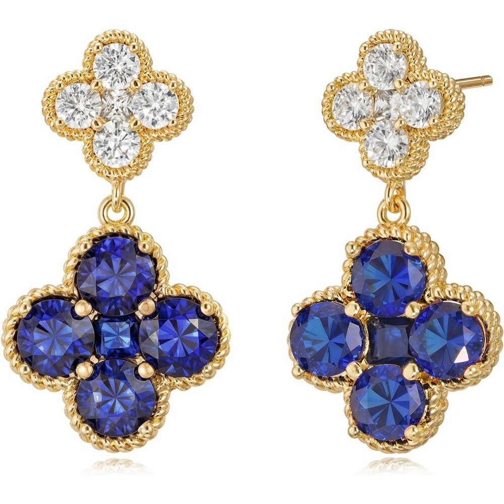 14K Gold Plated Double Plum Blossom Dangle Birthstone Four Leaf Clover Stud Earr